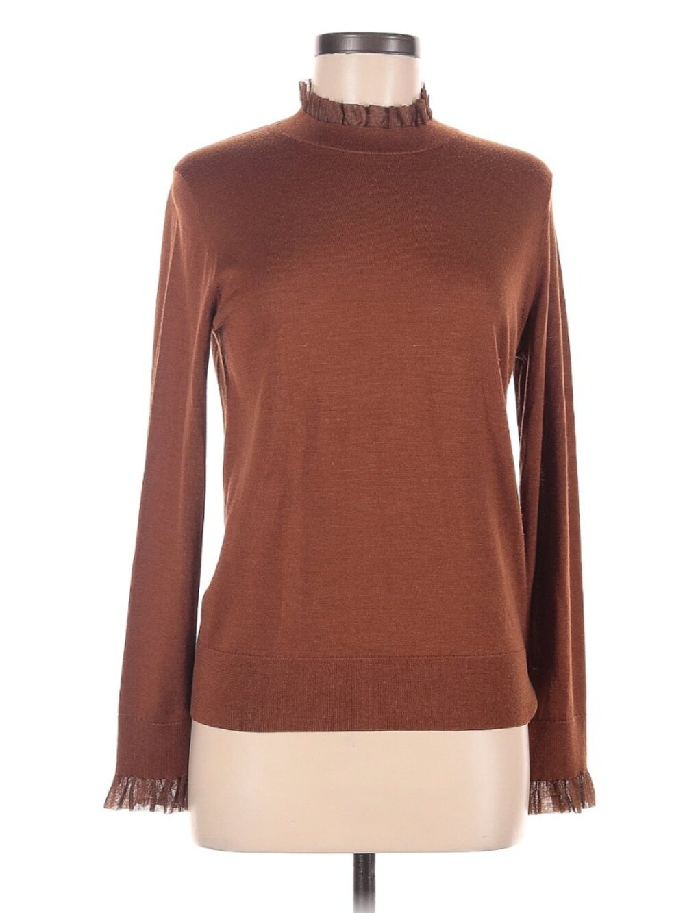 Lafayette 148 New York Ruffle Trim Wool Silk Sweater Copper Brown Mock Neck M